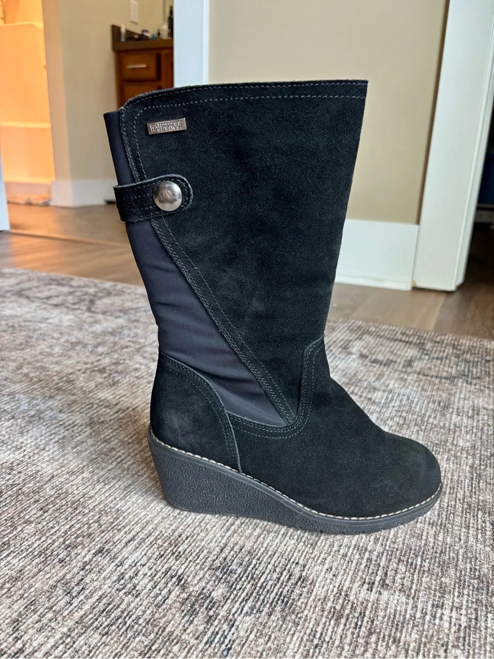 Black Wedge Mid-Calf Boots - Womens